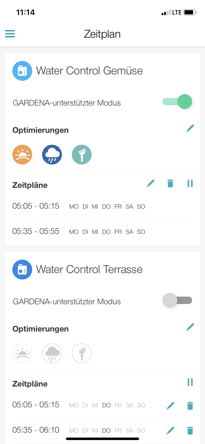 Bewässerungspläne mit aktivierten Optimierungen (Screenshot)